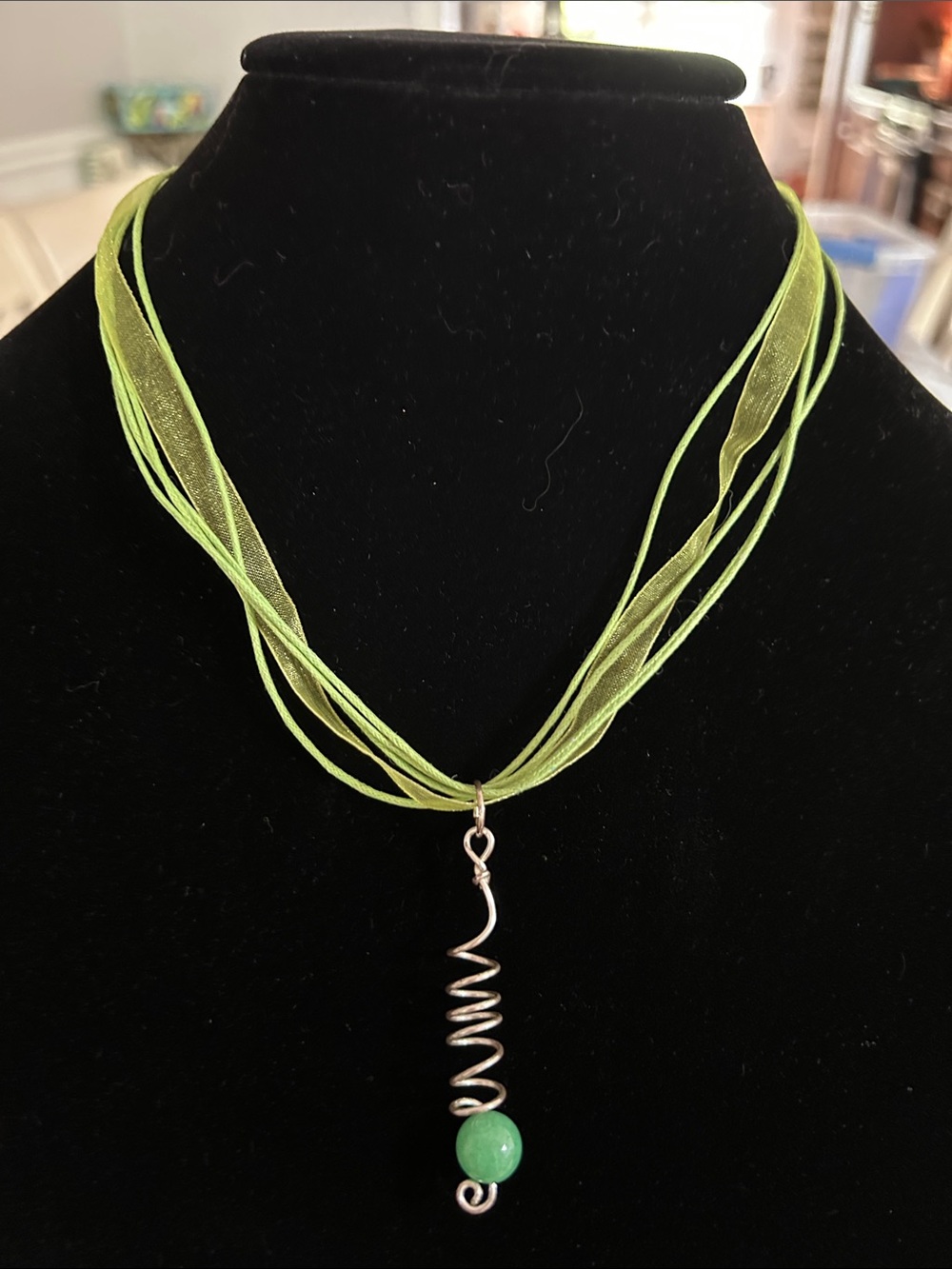 Lime Green Multi-Strand Ribbon Necklace with Silver Spiral Pendant